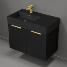 Black Floating Bathroom Vanity, 32 inch, Modern, Matte Black, Gold Handles